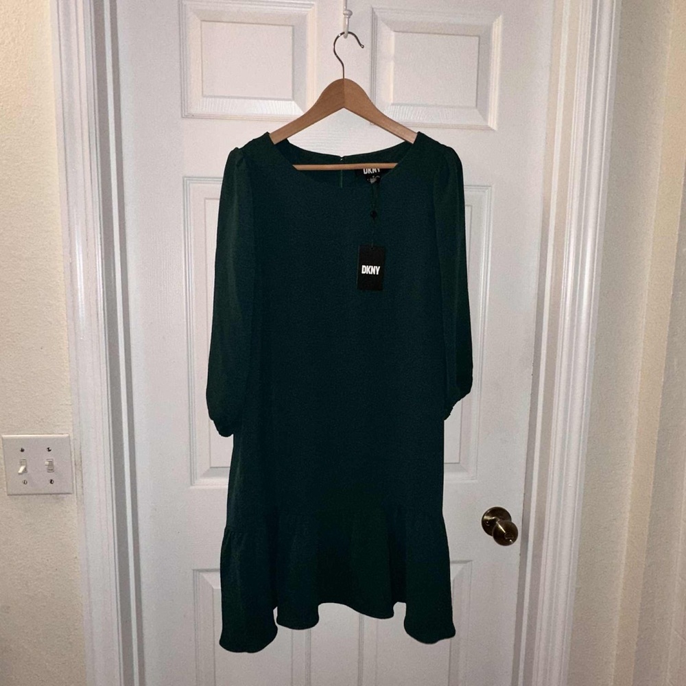 DKNY Forest Green 3/4 Balloon Sleeve Dress Size 16